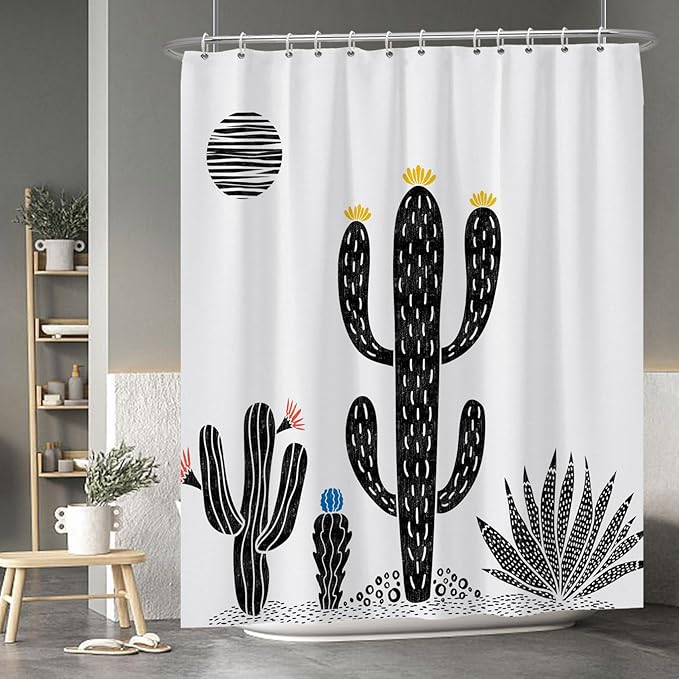 Baocicoo Boho Cactus Shower Curtain Tropical Plants Minimalism Floral Abstract Moon Black and White Shower Curtains for Hotel Home Bathroom Polyester Waterproof Fabric with Hooks 72x84 Inches