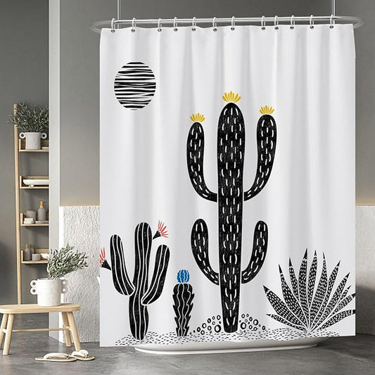 Baocicoo Boho Cactus Shower Curtain Tropical Plants Minimalism Floral Abstract Moon Black and White Shower Curtains for Hotel Home Bathroom Polyester Waterproof Fabric with Hooks 72x84 Inches