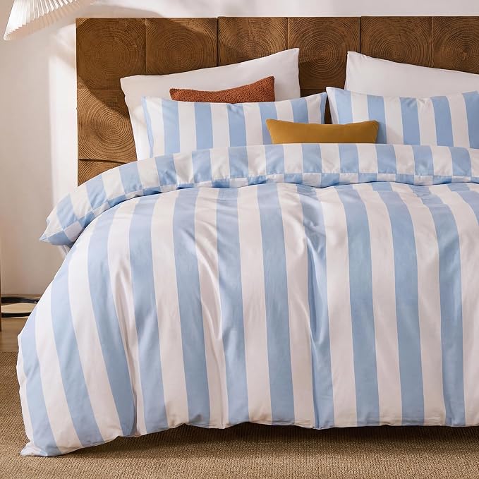 Merryword Blue and White Striped Duvet Cover Set King Size, 100% Cotton Bedding Set with Zipper Closure & 8 Corner Ties, Luxury Linen Like Bedding, Soft Breathable Comforter Cover for All Seasons