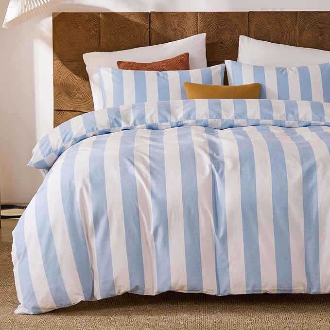 Merryword Blue and White Striped Duvet Cover Set Queen Size, 100% Cotton Bedding Set with Zipper Closure & 8 Corner Ties, Luxury Linen Like Bedding, Soft Breathable Comforter Cover for All Seasons