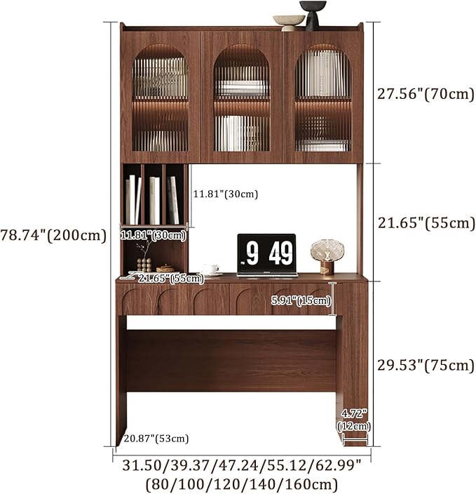 79" Mid-Century Desk, Multifunctional Computer Desk with Drawer and Glass Storage Cabinets, Reading Table, Office Desk, Bedroom Vanity Desk(100CM, B)