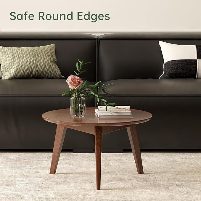 100% Solid Wood Round Coffee Table, Small Coffee Table w/Sturdy Legs, Wood Side Table for Bedroom Balcony Living Room (Walnut, 23.62" D x 13.78" H)