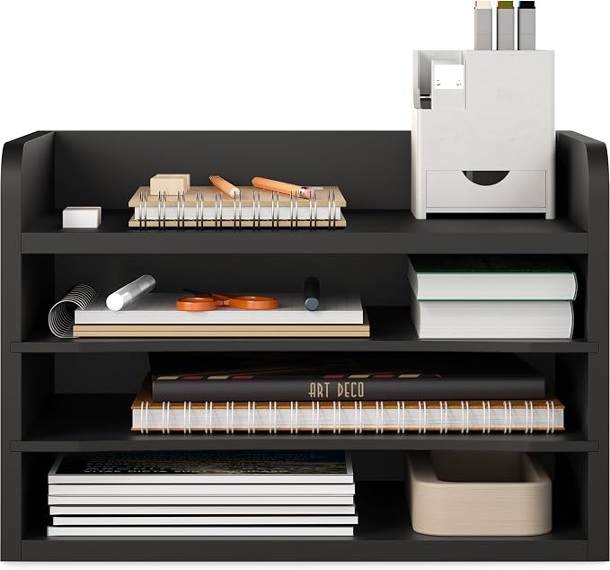 Ballucci File Organizer, 4-Tier Office Desk Organizer, Open Top Wood Paper Organizer for Classroom, Mail Sorter Paper Tray with Adjustable Storage Shelves, Black