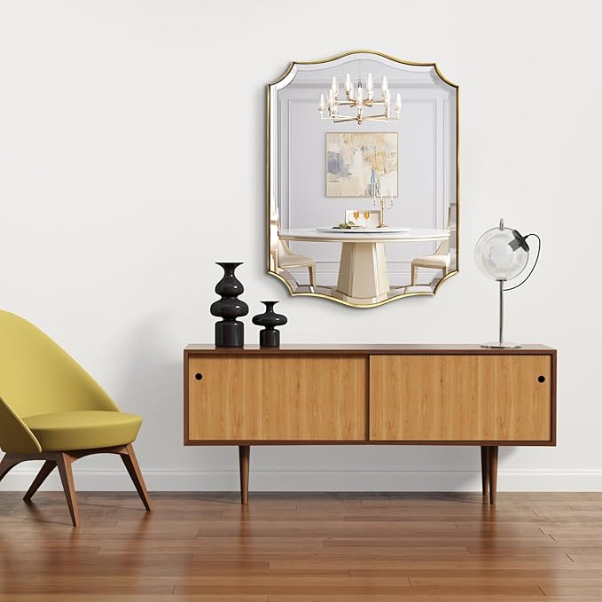 POZINO Gold Bathroom Vanity Mirror, 22"x30" Modern Brushed Mirrors for Over Sink, Unique Rectangle Beveled Mirror for Wall, Brass Scalloped Mirrors for Living Room Bedroom Entryway Fireplace