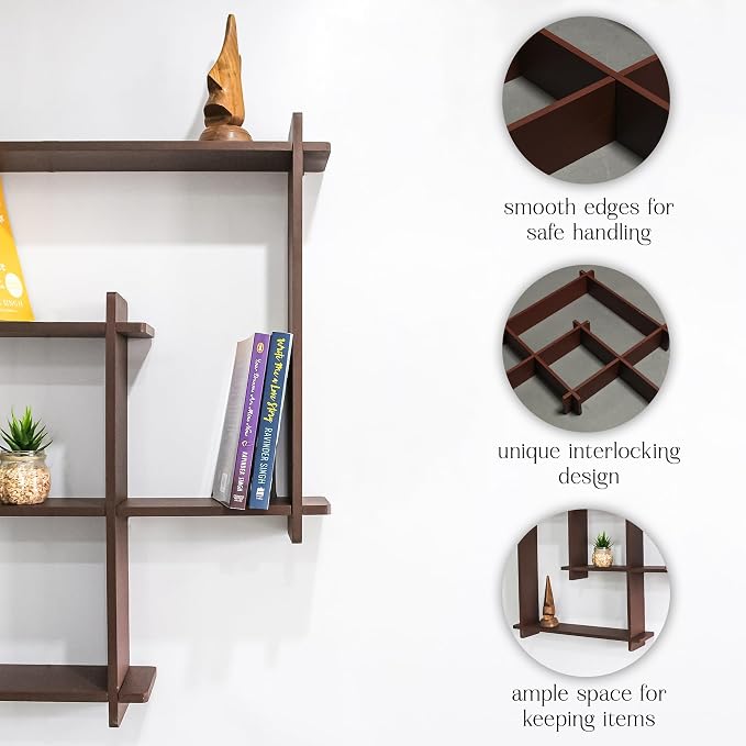 HOMORA Modern Wall Mounted Zigzag Shelf Rack – Decorative Wooden Floating Display Unit for Living Room, Bedroom & Office Decor (Brown)