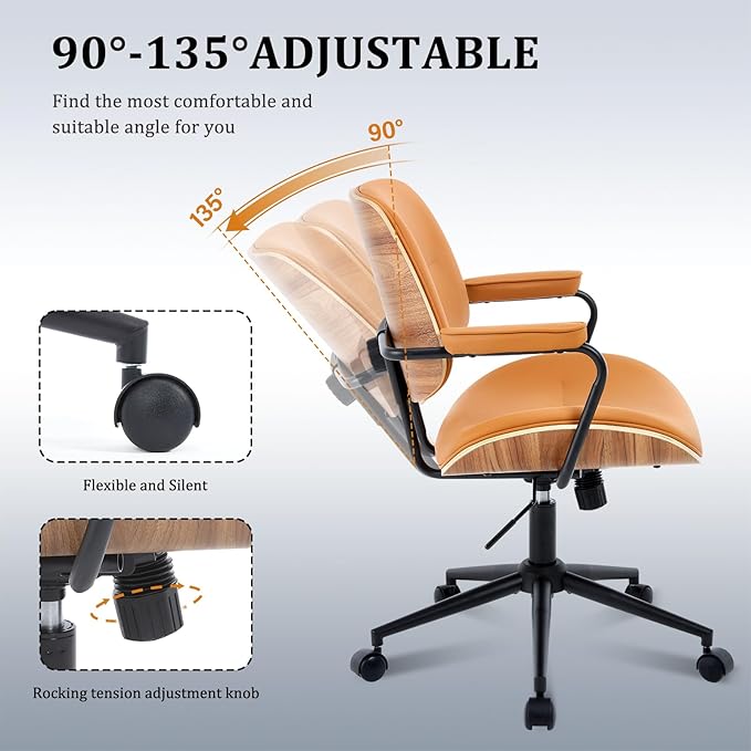 BV Mid Century Modern Office Chair Set of 1, Swivel Rolling Deak Chair with Armrests and Walnut Back, Adjustable Desk Chair for Home Office, Brown