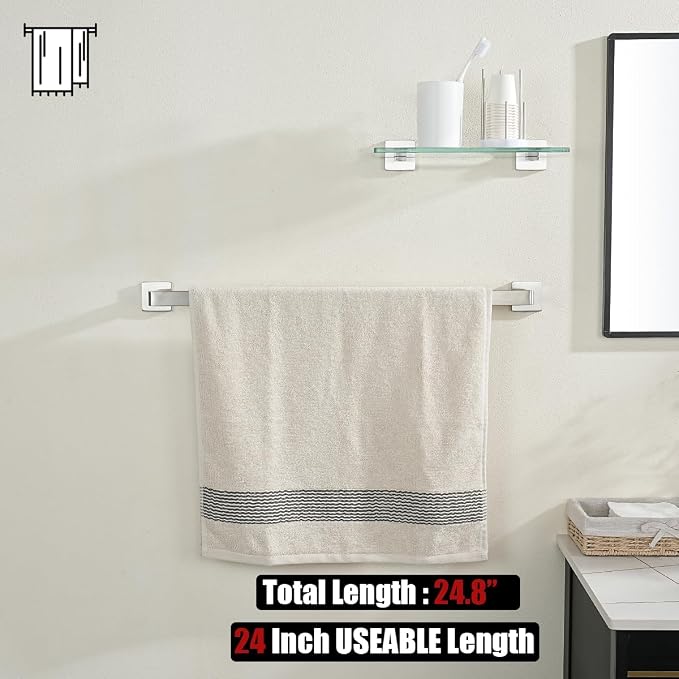 JQK Brushed Towel Bar, Rounded Edges 26.41 Inch Towel Rack, 304 Stainless Steel Bathroom Wall Mount, Useable Length 24 Inch, TB250L24-BN