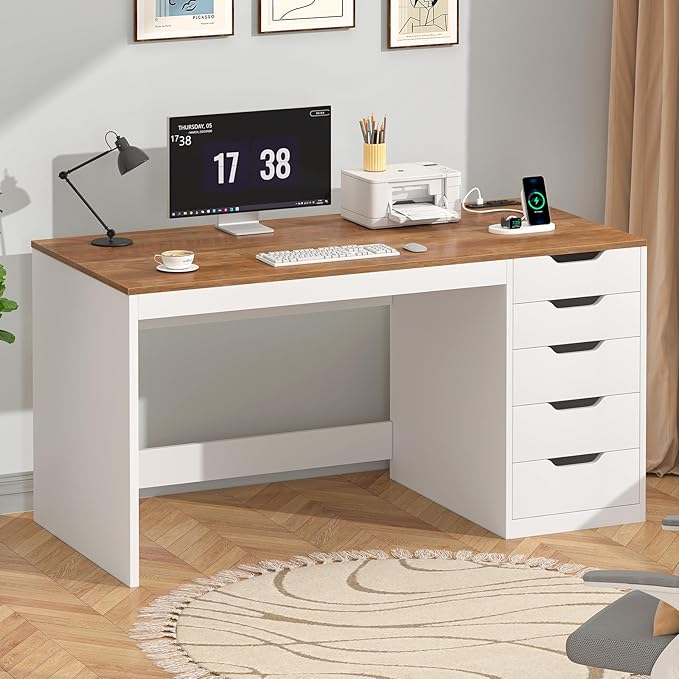 YOMILUVE 47 Inch Computer Desk with 5 Drawers and Power Outlets, Home Office Desks with Storage File Cabinet, Modern Simple Laptop Desk Writing Table for Small Spaces, Brown and White