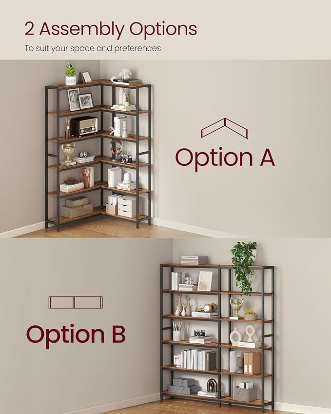 VASAGLE 6 Tier Bookshelf with Metal Frame, Convertible Industrial Corner Shelf, 9.4 x 52.8 x 69 Inches, for Living Room, Bedroom, Home Office, Rustic Brown and Ink Black ULLS806K01