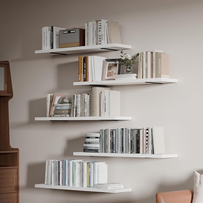 5 Tier Book Shelf,36 Inch White Floating Shelf for Wall,Farmhouse Heavy Duty Large Bookcase,Wall Mounted Bookshelf for Living Room