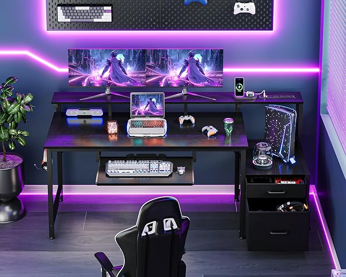 AODK Computer Desk with Drawers and Keyboard Tray, 63" Office Desk with Power Outlet, Reversible Study Work Desk with Printer Shelf and File Cabinet for Home Office, Black