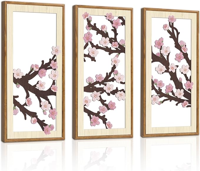 IARTTOP Cherry Blossom Wall Art Framed Set of 3 Pink Flower Wood Wall Decor Japanese Sakura Tree Artwork Neutral Botanical Art Prints Floral Minimalist Decor for Farmhouse Living Room Bedroom 8 x16 Inch