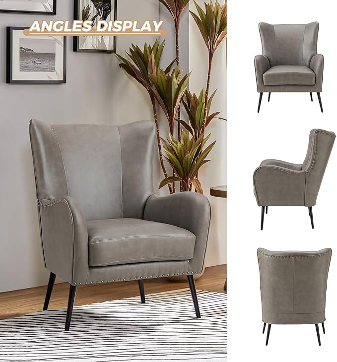 HULALA HOME Faux Leather Accent Chair with Removable Cushion, Comfy Upholstered Armchair with Black Metal Legs & Nailhead Trim Wingback Vanity Chair for Reading Living Room Bedroom, Grey