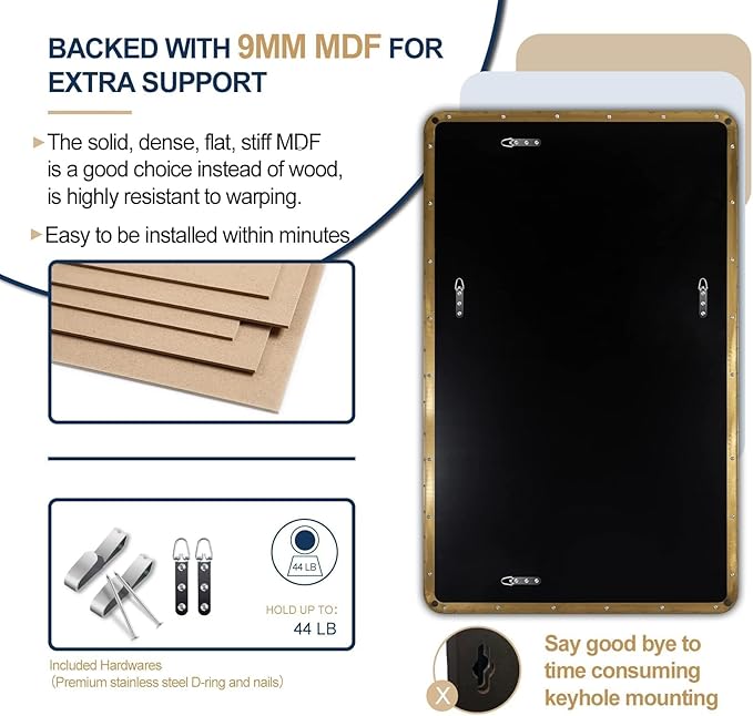 ANDY STAR 30"x48" Brass Gold Bathroom Mirror, Large Wall Mirror for Bathroom, Rounded Rectangle Mirror in Premium Stainless Steel Metal Frame Hangs Horizontal Or Vertical (Brushed Gold)