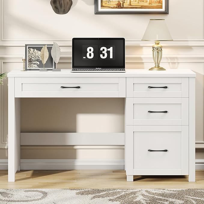 Farmhouse 47" Executive Desk, Computer Desk with File Drawer and Charging Station, Workstation for Home Office, Study(Cream White)