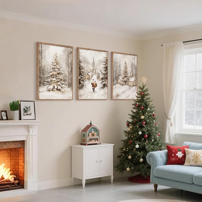 Christmas Wall Art Decor Winter Santa Pictures Vintage Christmas Canvas Poster Snowy Pine Trees Wall Art Xmas Forest Prints Santa Claus Painting Artwork for Bedroom Living Room 16x24x3 Inch Unframed