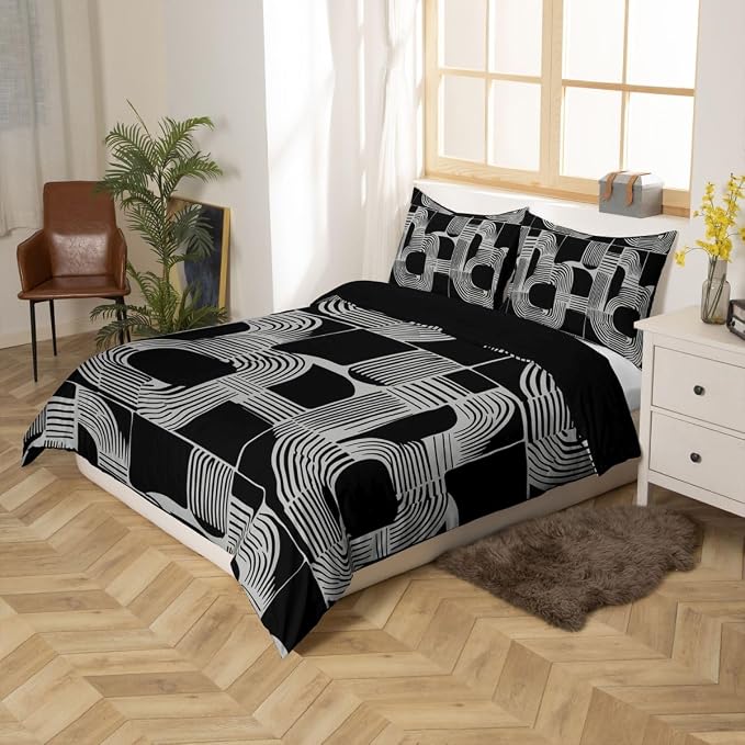 Erosebridal Mid Century Abstract Teens Duvet Cover Bohemian Geometric Bedding Set Full Size Modern Aesthetics Striped Comforter Cover for Kids Boys Adult Bedroom Boho Minimalist Stripes Bed Sets