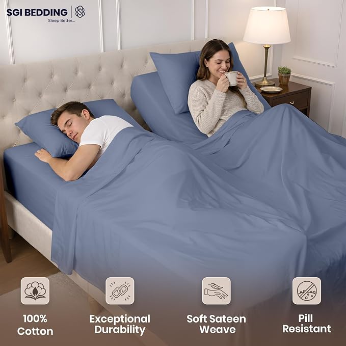 SGI Split King Sheet Set for Adjustable Bed Egyptian Premium Cotton 600 Thread Count Sheet for Sleep Number Bed 15" Deep Pocket 5 Pc Set with 2 Twin XL Fitted Sheets Soft Breathable Mediterranean Blue