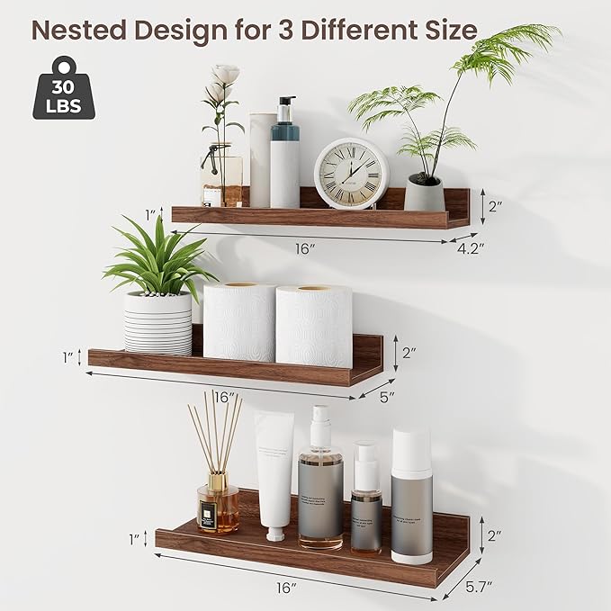 Axeman Picture Ledge Shelf | 16 Inch Walnut Floating Shelves Set of 3 | Rustic Wood Wall Shelves with Lip | 16" Walnut Picture Shelf for Wall with Ledge | Photo Shelves
