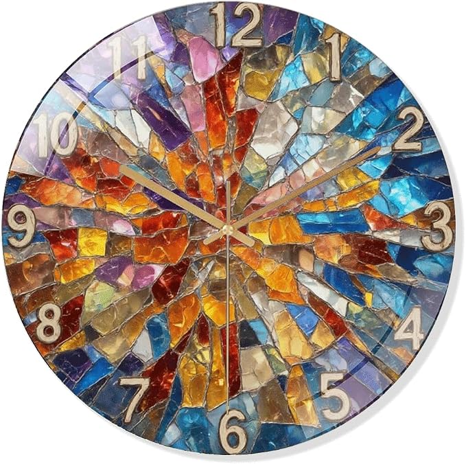 12 Inch Colorful Mosaic Glass Wall Clock Silent Art Decor | Silent glossy clock with a vibrant stained glass mosaic design, perfectly tracking time to brighten your living room