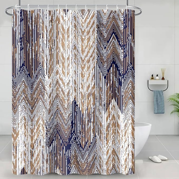 Abstract Style Shower Curtain Grunge Old Blue Brown Arrow Geometric Pattern Shower Curtains for Modern Artistic Bathroom Waterproof Fabric Decor Set with Hooks, 72W x 72H Inch