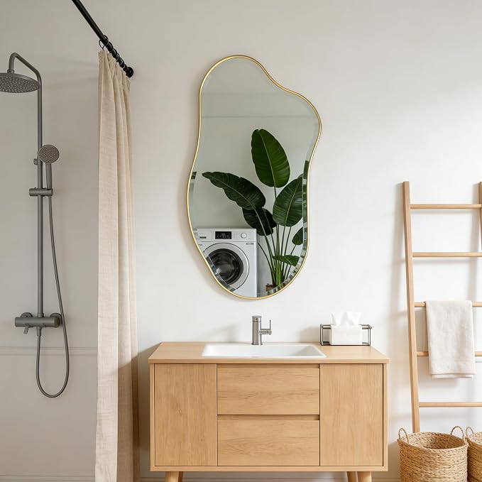 POZINO Irregular Beveled Mirror, 40"x20" Asymmetrical Vanity Wall Mirror with Gold Metal Frame, Organic Shape Mirrors for Entryway Bathroom Living Room Bedroom Hallway, Horizontal/Vertical Hanging
