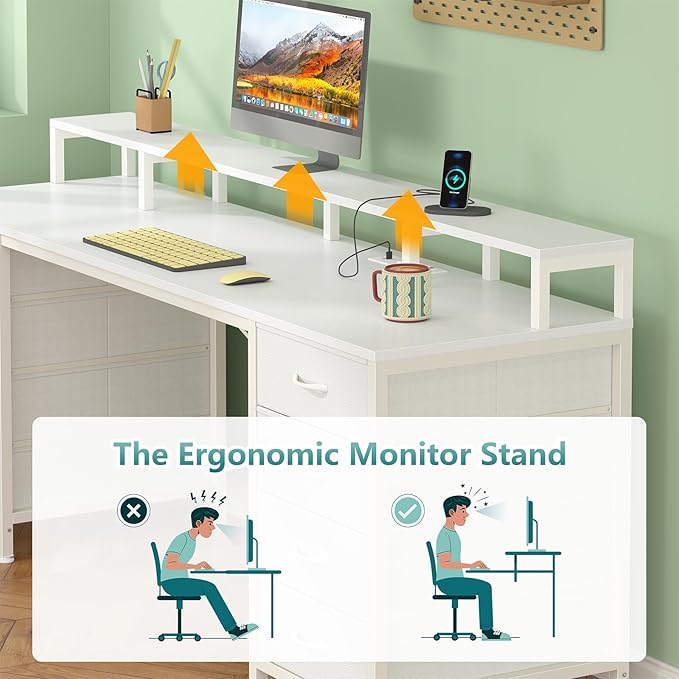 YOMILUVE 60 Inch Computer Desk with 8 Fabric Drawers, Gaming Desk with LED Lights & Power Outlets, Home Office Desk with Monitor Stand, White