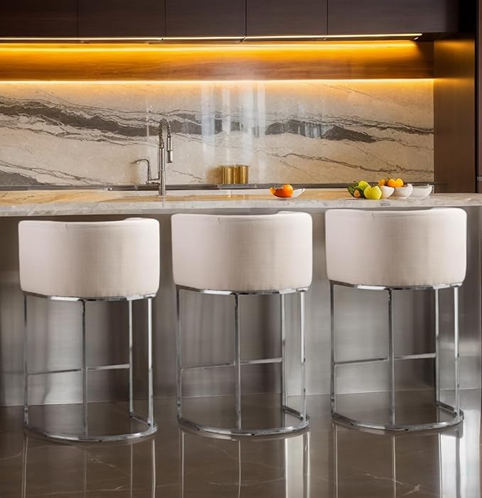 Contemporary Cream Linen Bar Stools Set of 3, 29" Upholstered Fabric Counter Height Barstools Kitchen Counter Island Stools with Screwed Together Chrome Finish Base