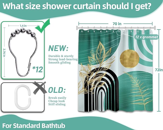 Teal Blue and Gold Shower Curtain Boho Mid Century Turquoise and Aqua and Black Shower Curtains for Bathroom Decor, Waterproof Cloth Fabric with Hooks, 70" W x 72" L