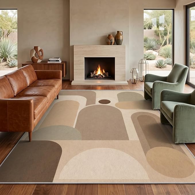 Neutral Geometric Area Rug 3x5, Mid Century Modern Abstract Rug, Soft Taupe Beige Color Block Washable Low Pile Non Slip Rug for Living Room Bedroom