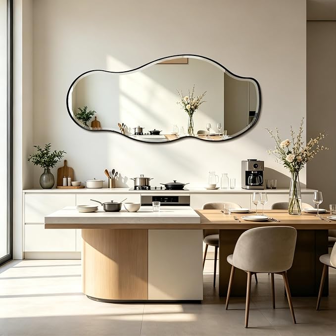 POZINO Large Irregular Beveled Mirror, 63"x28.5" Asymmetrical Accent Wall Mirror with Metal Frame, Organic Full Length Mirrors for Entryway Hallway Living Room Bedroom, Horizontal/Vertical Hanging