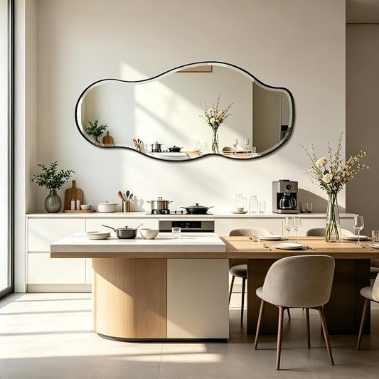 POZINO Large Irregular Beveled Mirror, 63"x28.5" Asymmetrical Accent Wall Mirror with Metal Frame, Organic Full Length Mirrors for Entryway Hallway Living Room Bedroom, Horizontal/Vertical Hanging