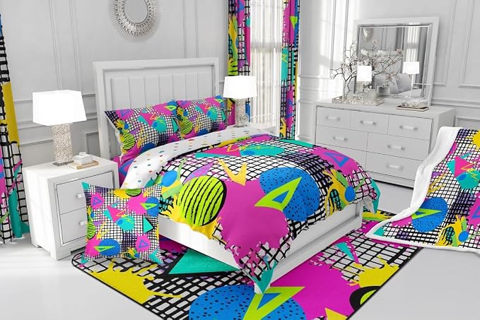 Memphis Duvet Cover Hipster Retro Bedding Set,80s and 90s Hip Hop Funky Comforter Cover Colorful Pop Art Inspired Pattern Twin Bed Set,Watercolor Eighties Memphis Geometrical 80s Bedroom Decor