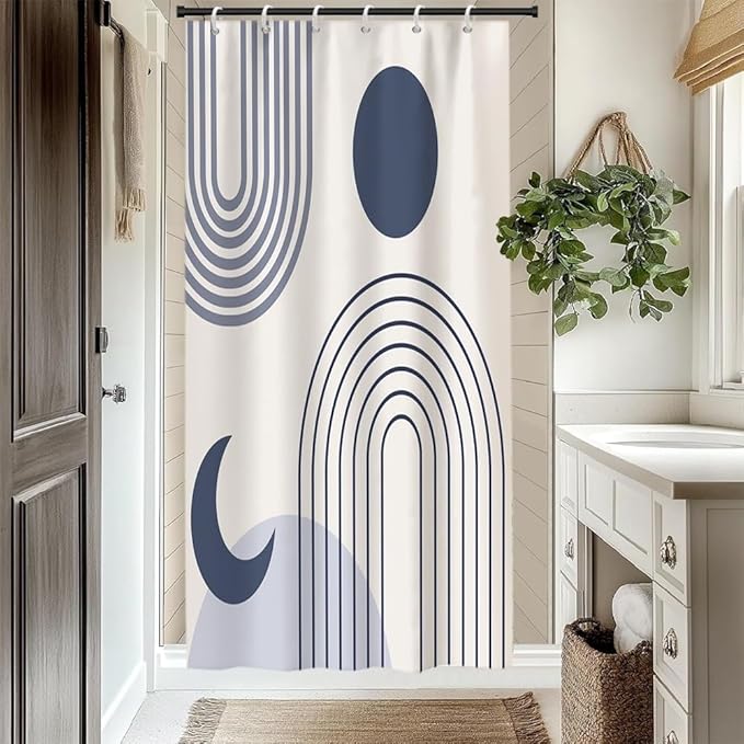 Boho Shower Curtain for Bathroom Modern Minimalist Neutral Bathroom Decor Set Blue Stripes Abstract Sun Moon Chic Aesthetic Bathtub Curtains Washable Waterproof Polyester Fabric with Hooks 36x72 Inch