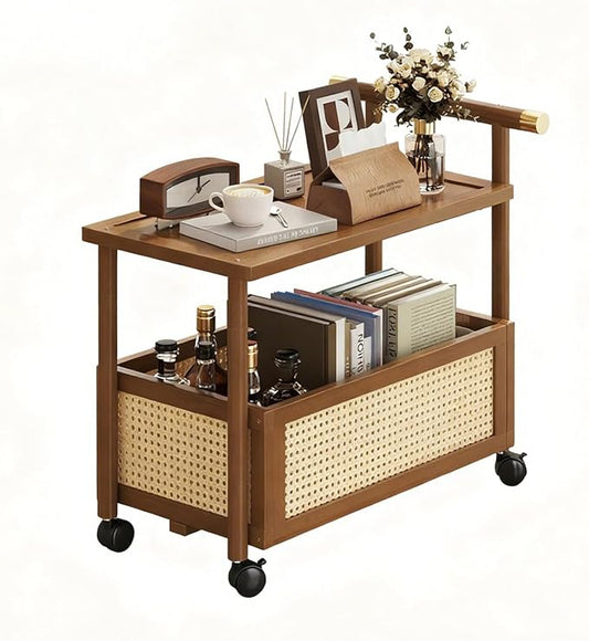 CTESNE【2-Tier Wooden Storage Organizer Shelf】 Bookcase with Wheels & Handle,Storage Shelves for Bathroom, Kitchen, Office, Craft, Makeup