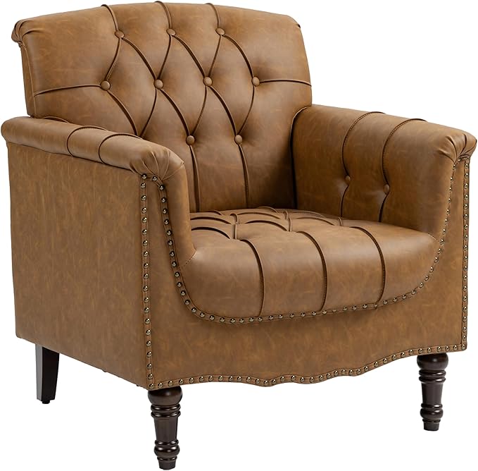 Faux Leather Accent Chairs Set of 2, Comfy Club Chair Upholstered Armchair for Living Room, Button Tufted Arm Chair Retro Single Sofa Side Reding Seat for Bedroom - Camel