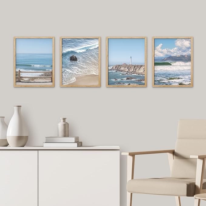 SIGNWIN Framed White Aerial View Blue Ocean Wave Beach Shore Wall Art, Set of 4 Landscape Colorful Wall Decor Prints, Nature Wilderness Wall Décor for Living Room, Bedroom - 8"x10" Natural