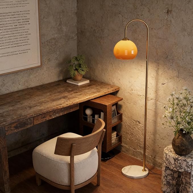 MIXL-Gradient Orange Shade Arc Floor Lamp,Gold Standing Light with Marble Base,Mid Century Modern Standing Lamps for Living Room Bedroom