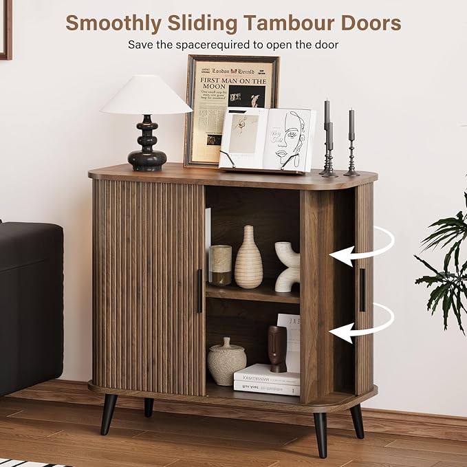 Accent Cabinet with Sliding Doors - Walnut Sideboard Buffet Cabinet with Storage for Coffee Bar, Console Table - MCM Design Bar Cabinets for Modern Home Décor Set 2