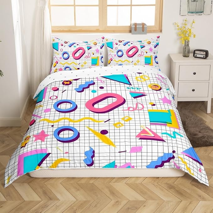 Memphis Geometric Pattern Comforter Cover Set King Size,Retro Style Round Half Moon Triangle Shapes Artwork Duvet Cover Colorful Graphic 80s 90S Style Bedding Set Abstract 1990S Memphis Home Decor
