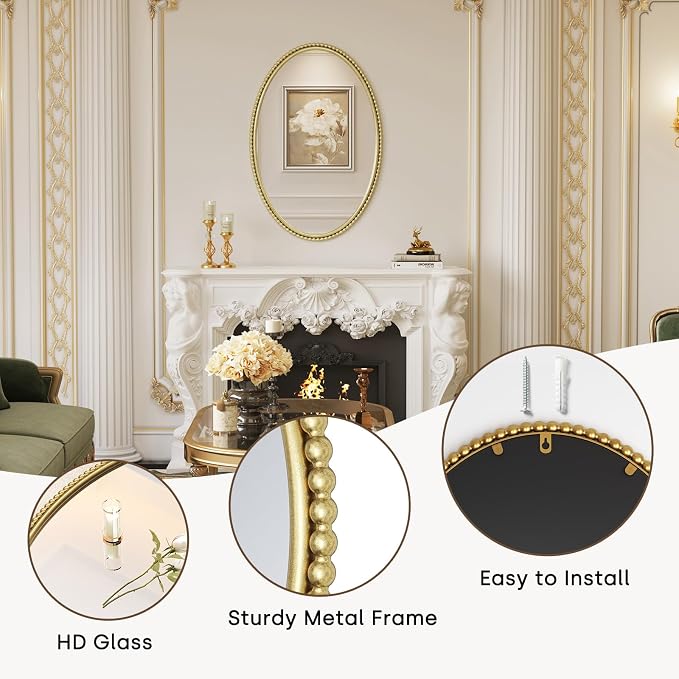 Uniclinens Vintage Wall Mirror Decor - Large Gold Oval Beaded Mirror Decor,Ideal Metal Frame Mirror for Entryway, Fireplace, Living Room, Hallway, Bathroom,24"X36"