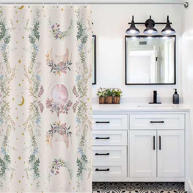 Moon Phase Flowers Shower Curtain Moonlit Herb Wildflower Witchy Celestial Flower Botanical Waterproof Shower Curtains for Bathroom Decor 12 Pack Hooks 55x72in（140x183cm）