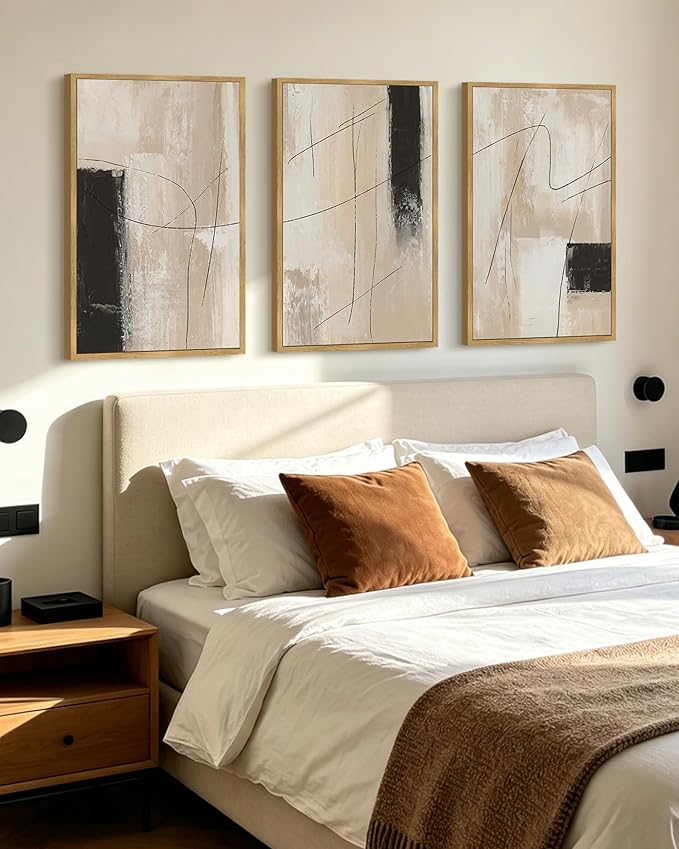 KUVIOKE Abstract Framed Wall Art Minimalist Beige Pastel Watercolor Neutral Wall Decor Modern Black Line Art Painting for Bedroom Dining Room 24x36in (Natural Framed)