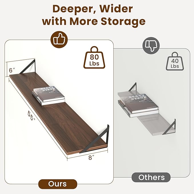 55" Long Wall Mounted Floating Shelves,8 inch Deep Floating Shelf with Metal Brackets Set of 2,Easy-to-Install Wall Decor Storage Ledges for Living Room,Bathroom,Bedroom,Kitchen,Office,Walnut