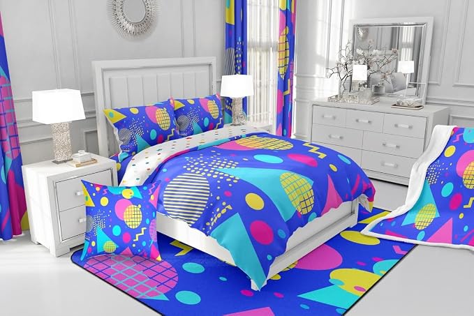 80s 90s Bedding Set Memphis Pattern Old Fashioned Comforter Cover King,Geometric Abstract Colorful Dots Funky Duvet Cover Retro Bed Set,Multicolor Vintage Rainbow 80'S Style 1980S Home Decor,Blue