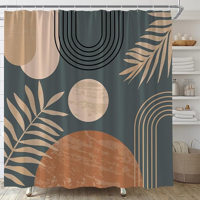 Mid Century Modern Shower Curtain Boho Grey Abstract Retro Aesthetic Fabric for Bathroom Decor Bathtub with Hooks (70" WX78 H)
