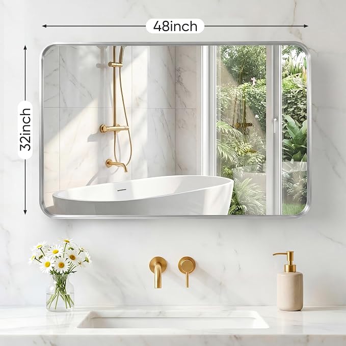 NEWBULIG 32X48 Inch Bathroom Mirror for Over Sink, Wall Vanity Mirrors Tempered Glass, Anti-Rust Metal Framed Rounded Rectangle, Hangs Horizontally or Vertically, Farmhouse Home Decor, Silvery