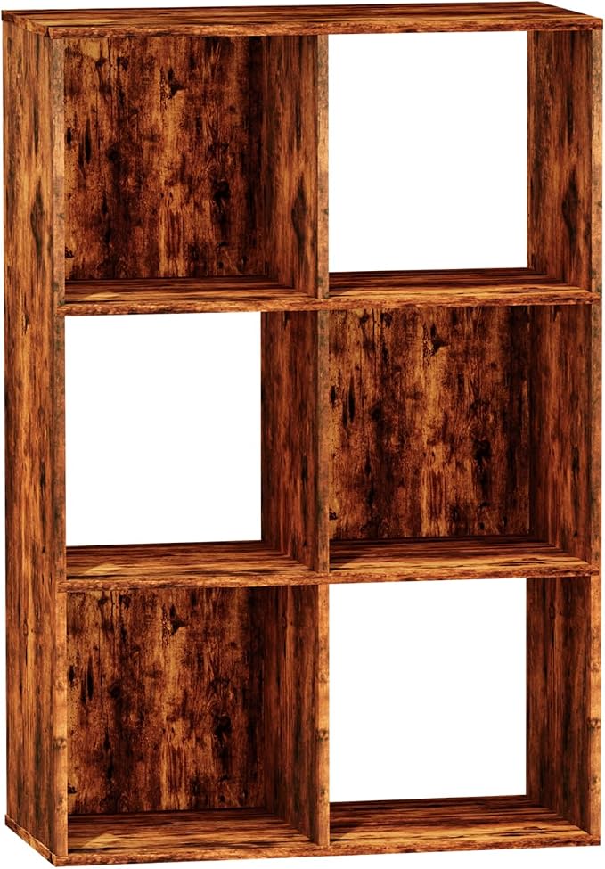 6 Cube Storage Organizer, Open Bookshelf Storage Cubes Shelf with Back Panel, Wooden Display Shelf Bookcase Standing Shelves for Living Room, Bedroom, Home Office (Vintage Brown, 6-Cube)