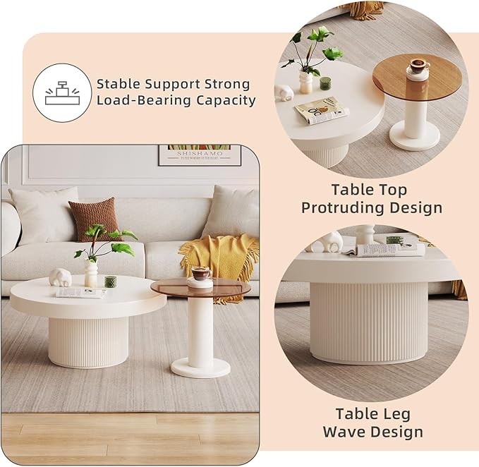 Guyii Round Nested Coffee Table Set, Creamy White Coffee Table and Tempered Glass Side Table Set, 2 in 1 Modern Nesting Coffee Table, End Table for Living Room, Bedroom, Small Spaces