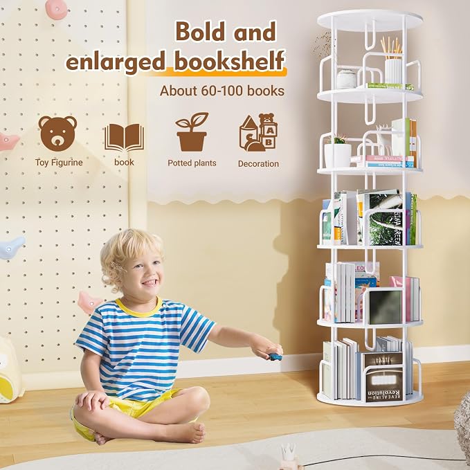 YZU Rotating Bookshelf 5 Tier 360 ° Display Spinning Bookshelf Tower, Revolving Bookcase Narrow Space Saving Swivel Book Shelf Corner Storage Organizer for Bedroom, Living Room Corner, Office